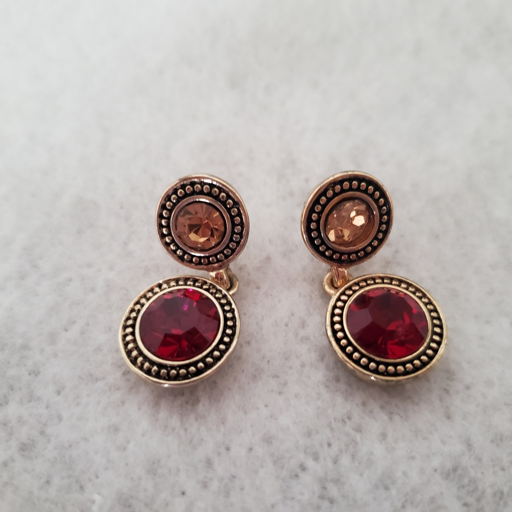 Gold-tone and Red Pierced Post Drop Earrings